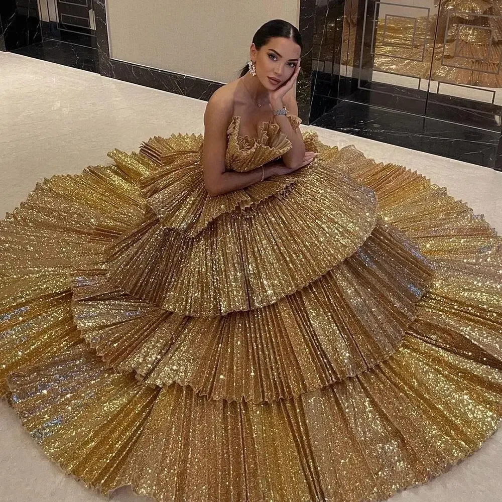 Gold A-Line Strapless Ruffles Evening Dresses Luxury Gowns For Women Party Couture فساتين سهره فاخره