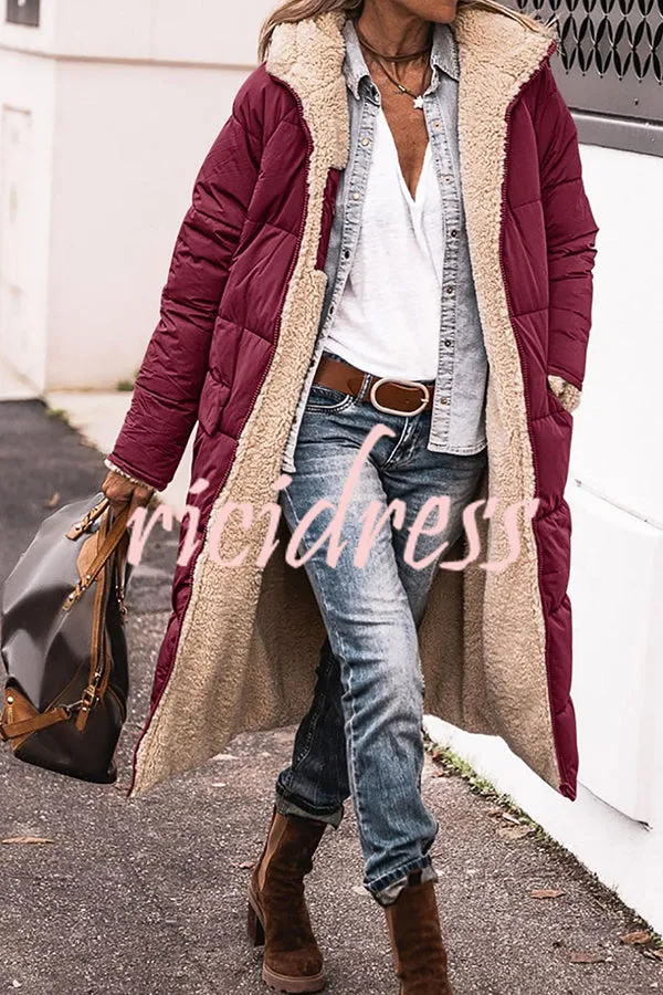 Hooded Plush Lined Pocket Long Sleeve Coat