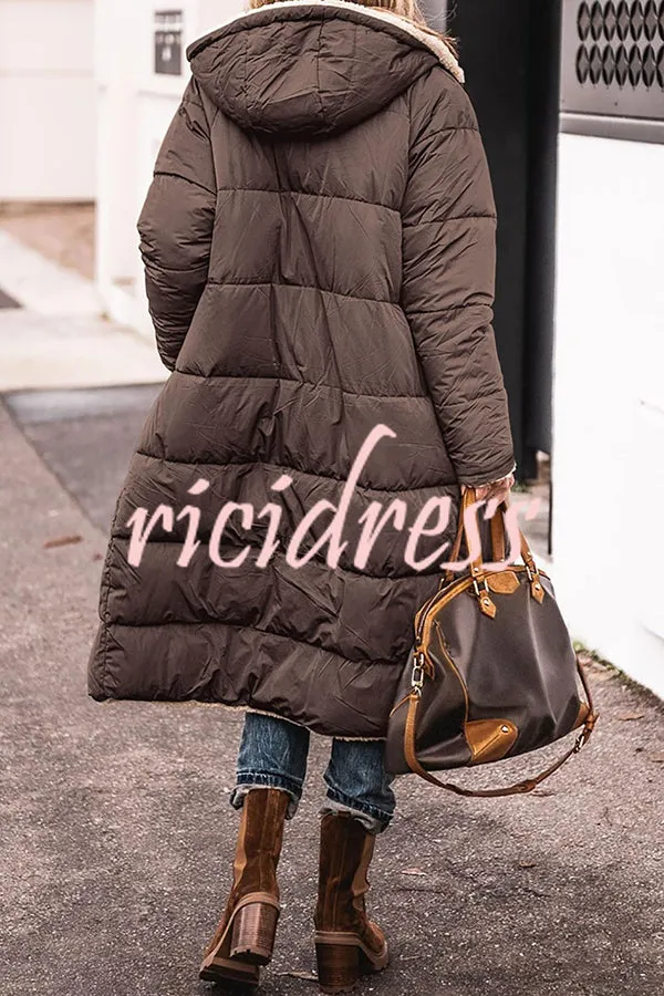 Hooded Plush Lined Pocket Long Sleeve Coat