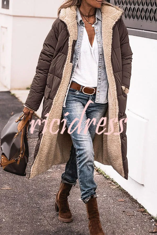 Hooded Plush Lined Pocket Long Sleeve Coat