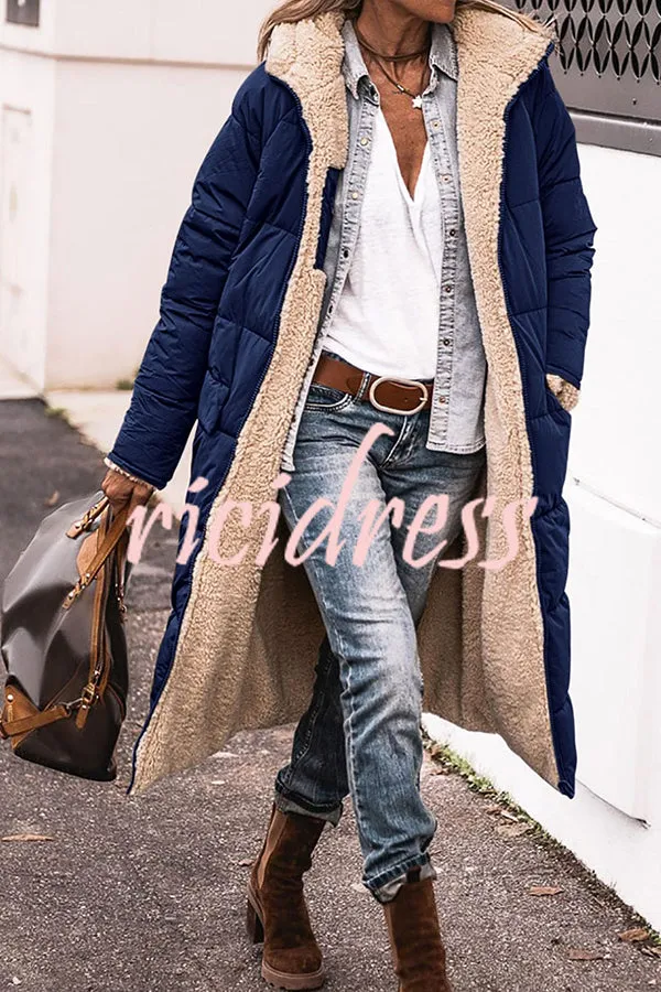 Hooded Plush Lined Pocket Long Sleeve Coat