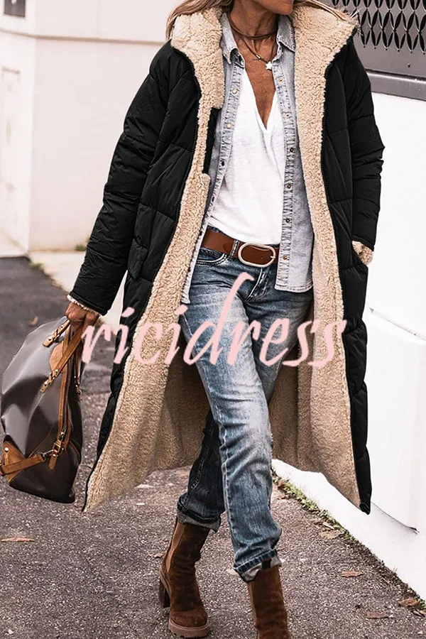 Hooded Plush Lined Pocket Long Sleeve Coat