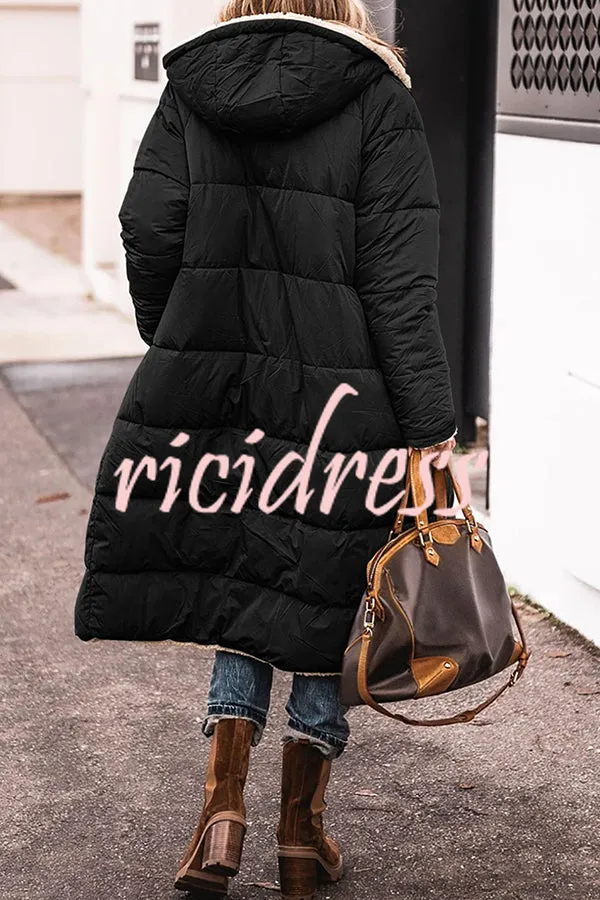 Hooded Plush Lined Pocket Long Sleeve Coat