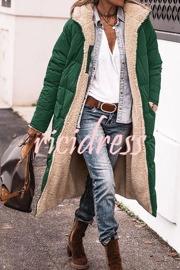 Hooded Plush Lined Pocket Long Sleeve Coat