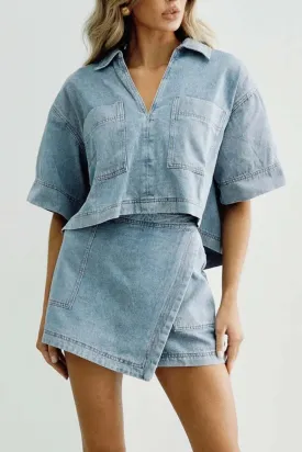 Joskaa Denim Pocket V Neck Lapel Skorts Set