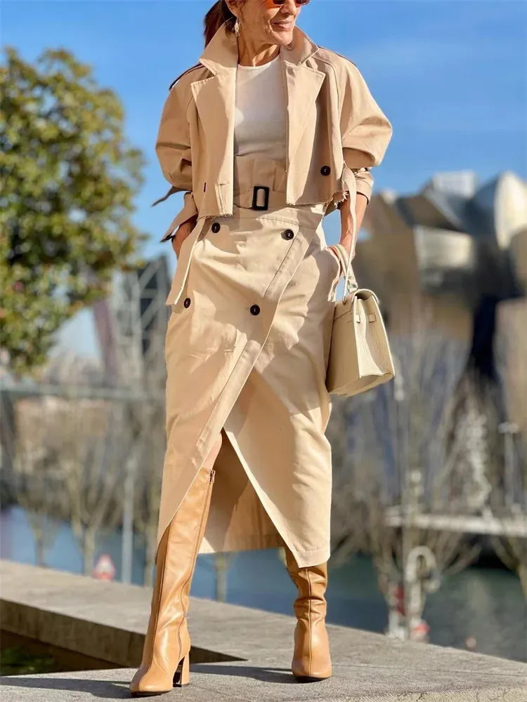 Khaki Loose Short Trench Coat 2024 Spring Fashion Solid Crop Ladies High Street Oversized Outwear Jacket