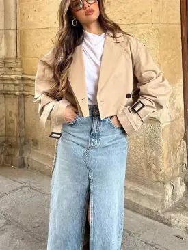 Khaki Loose Short Trench Coat 2024 Spring Fashion Solid Crop Ladies High Street Oversized Outwear Jacket