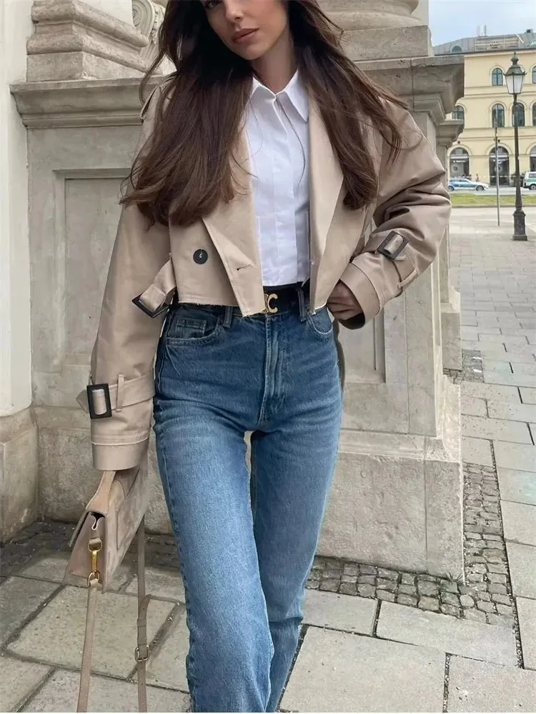 Khaki Loose Short Trench Coat 2024 Spring Fashion Solid Crop Ladies High Street Oversized Outwear Jacket
