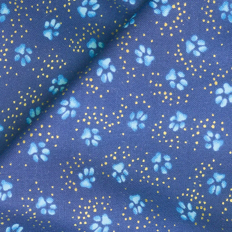 Kindred Canines - Paw Prints Royal Blue Metallic Yardage