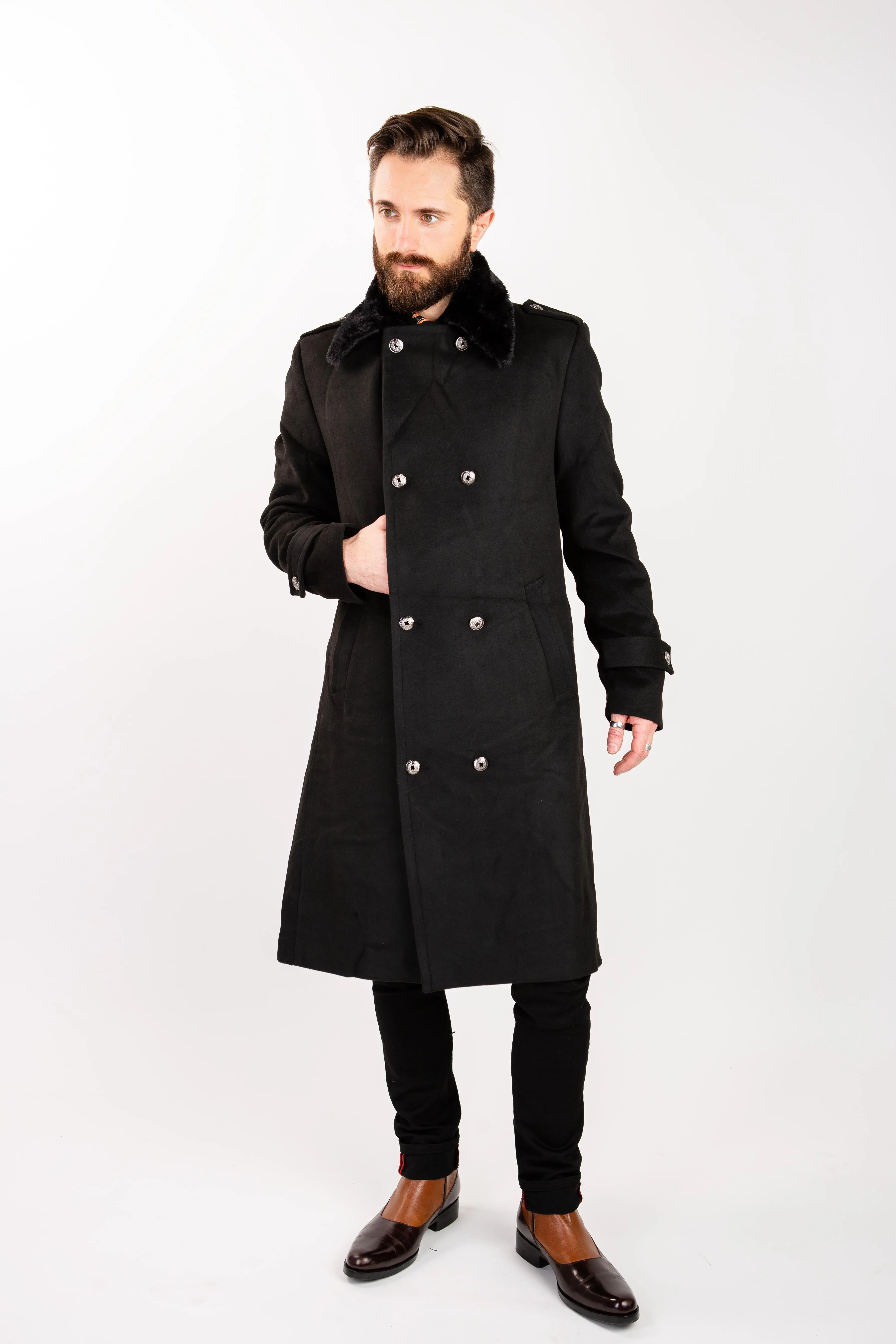 Military Fur Collar Coat - Black