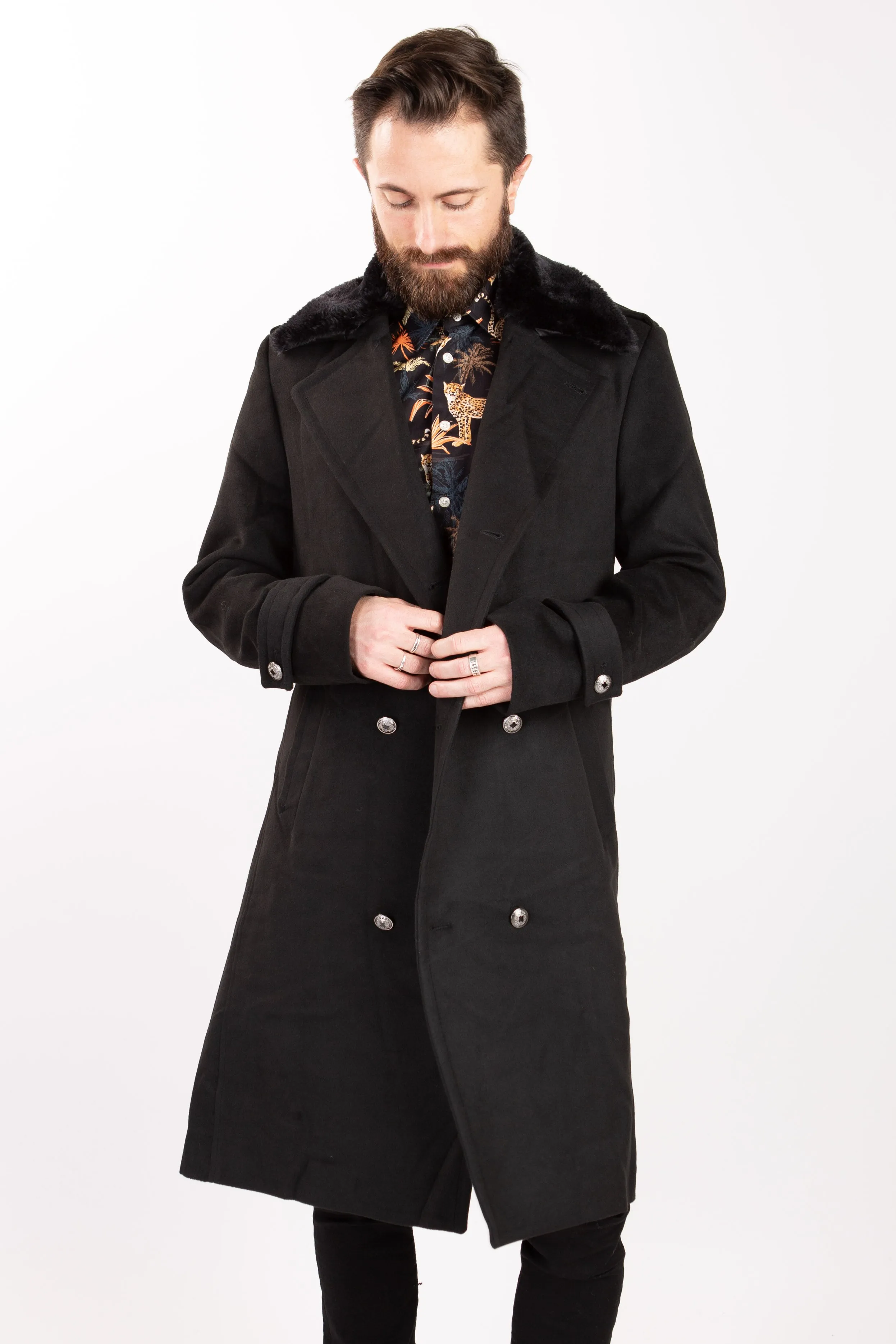 Military Fur Collar Coat - Black