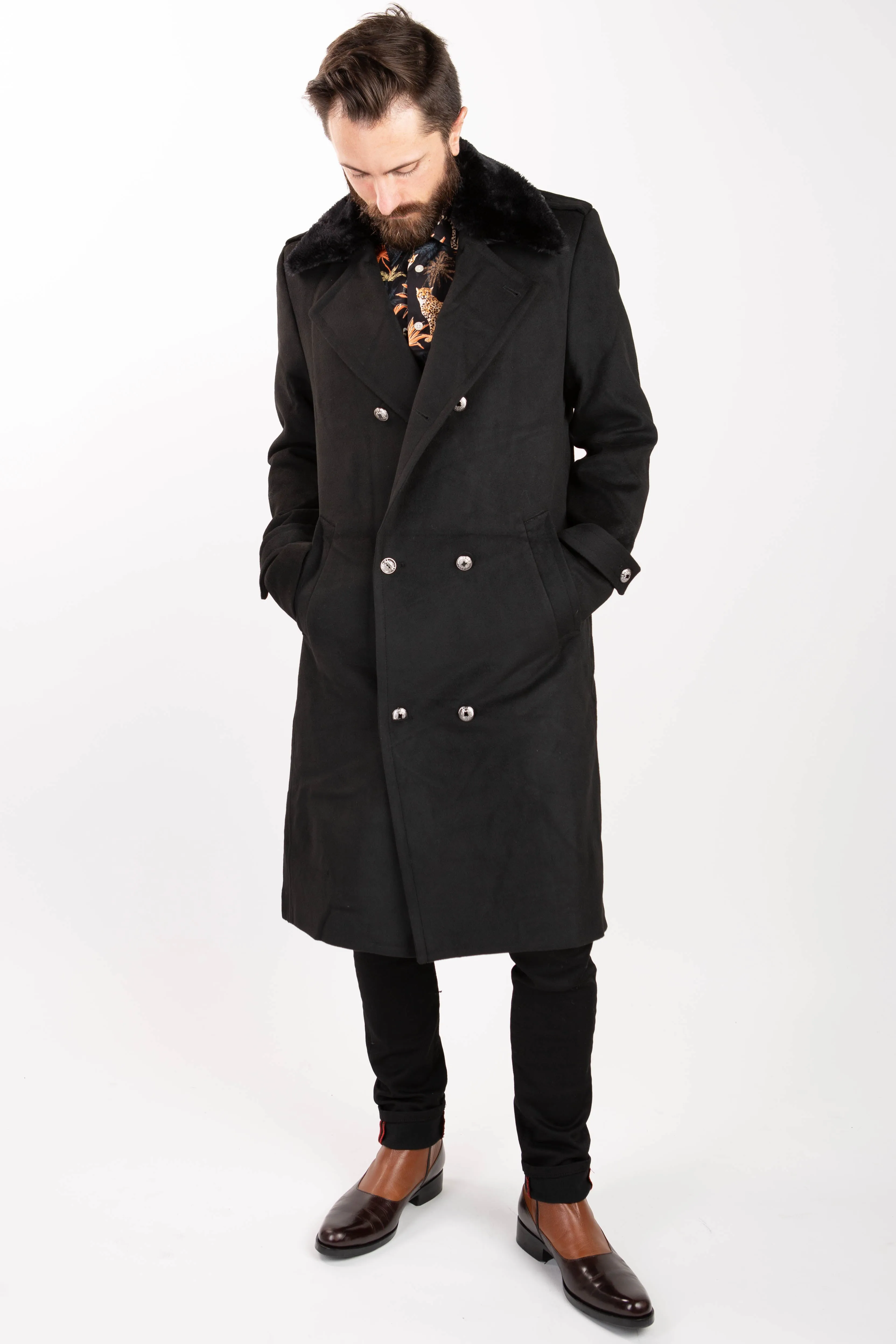 Military Fur Collar Coat - Black