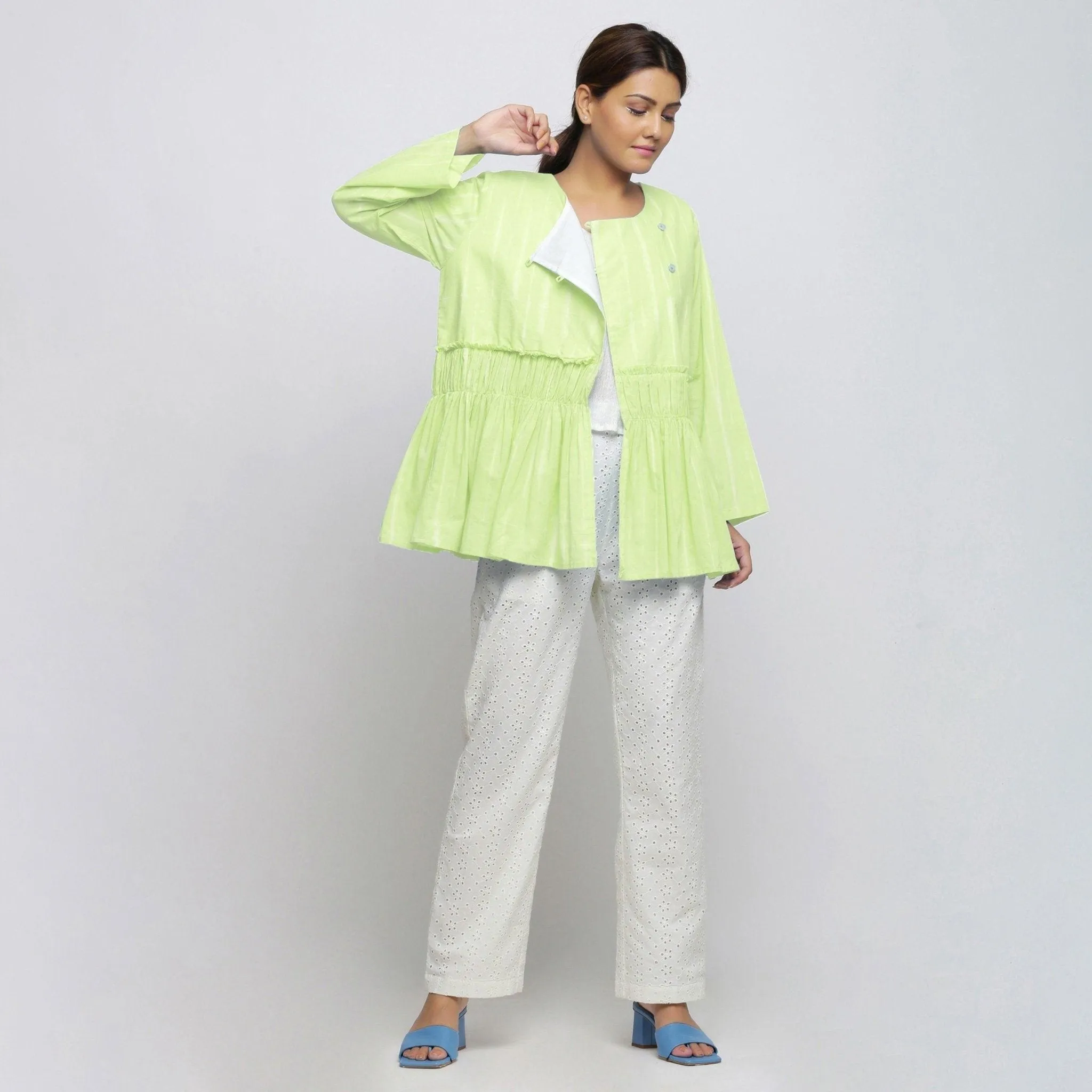 Mint Green Hand Tie-Dye Cotton Anti-Fit Asymmetrical Outerwear