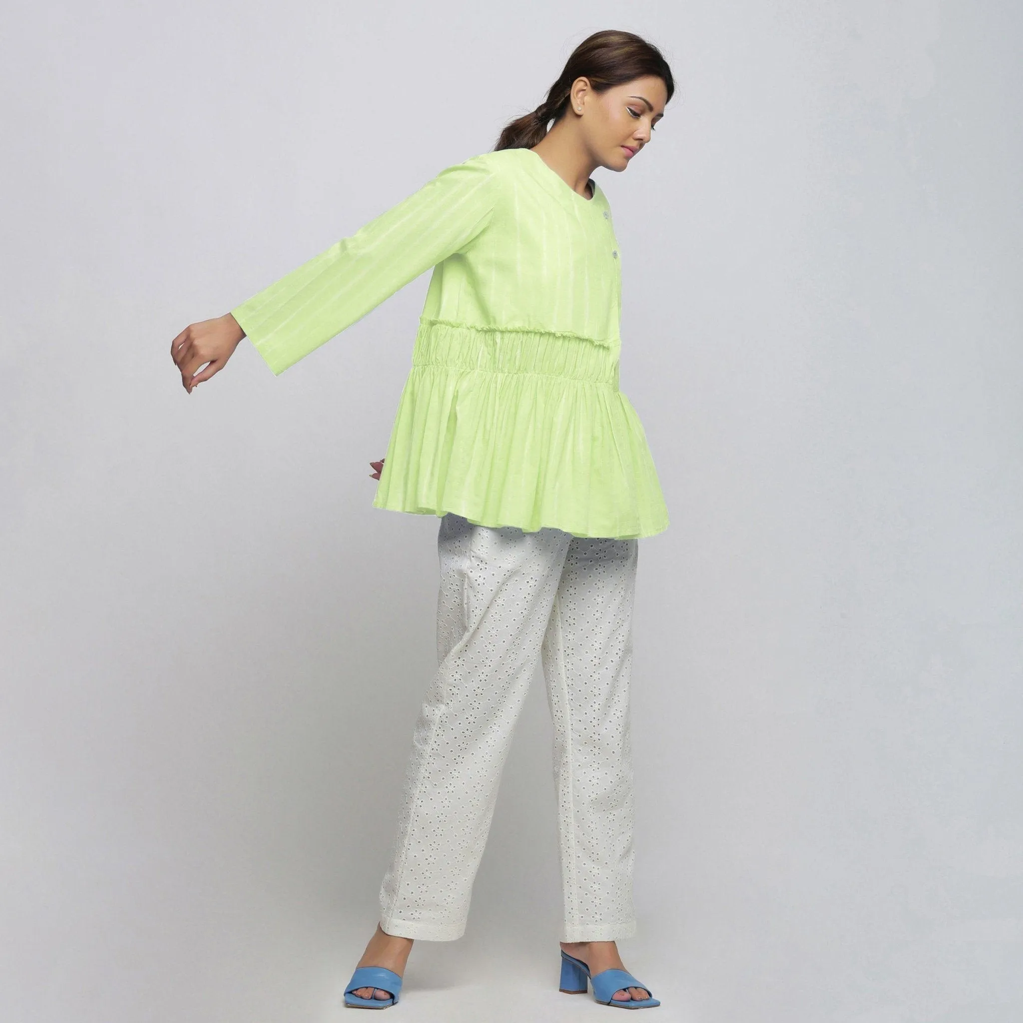 Mint Green Hand Tie-Dye Cotton Anti-Fit Asymmetrical Outerwear