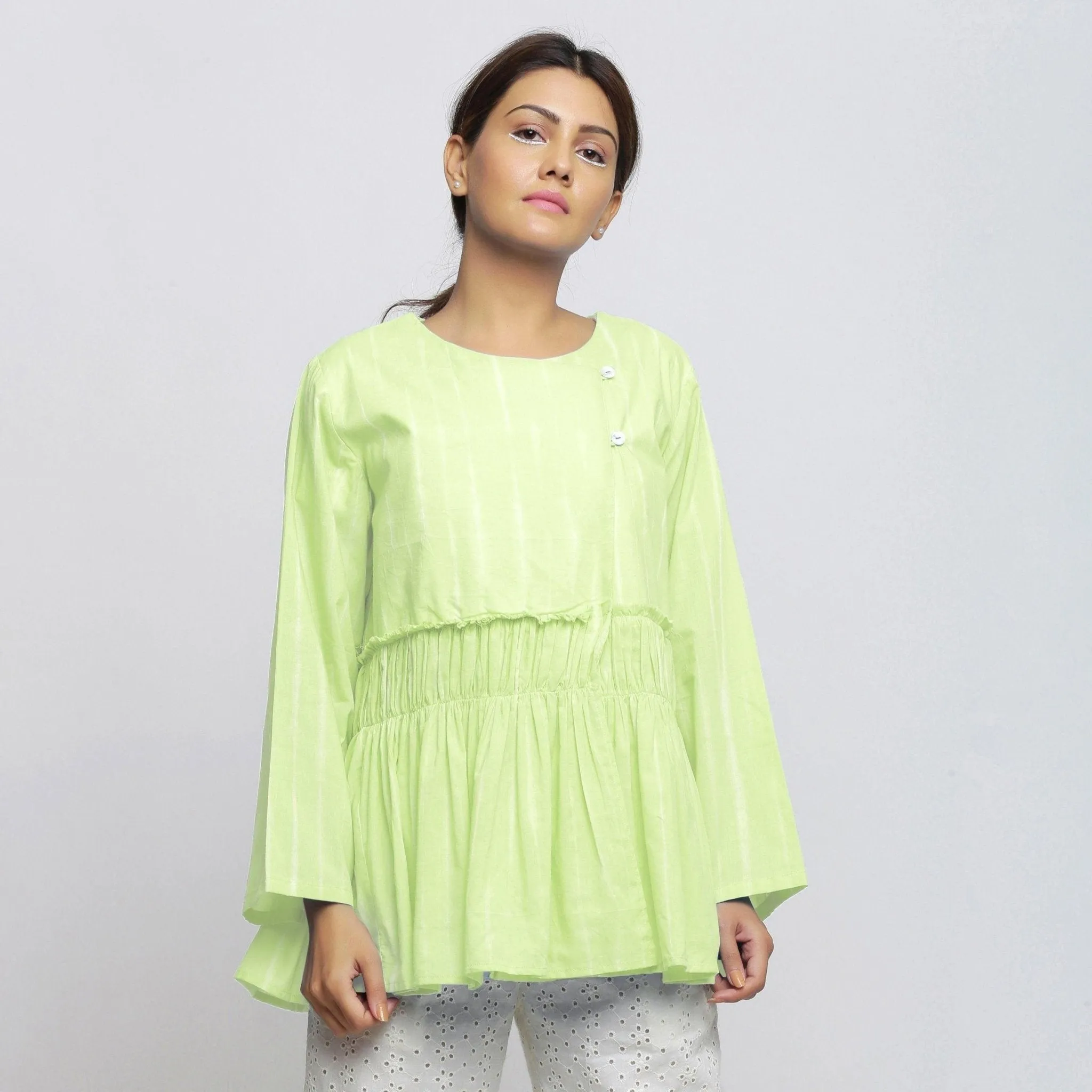 Mint Green Hand Tie-Dye Cotton Anti-Fit Asymmetrical Outerwear