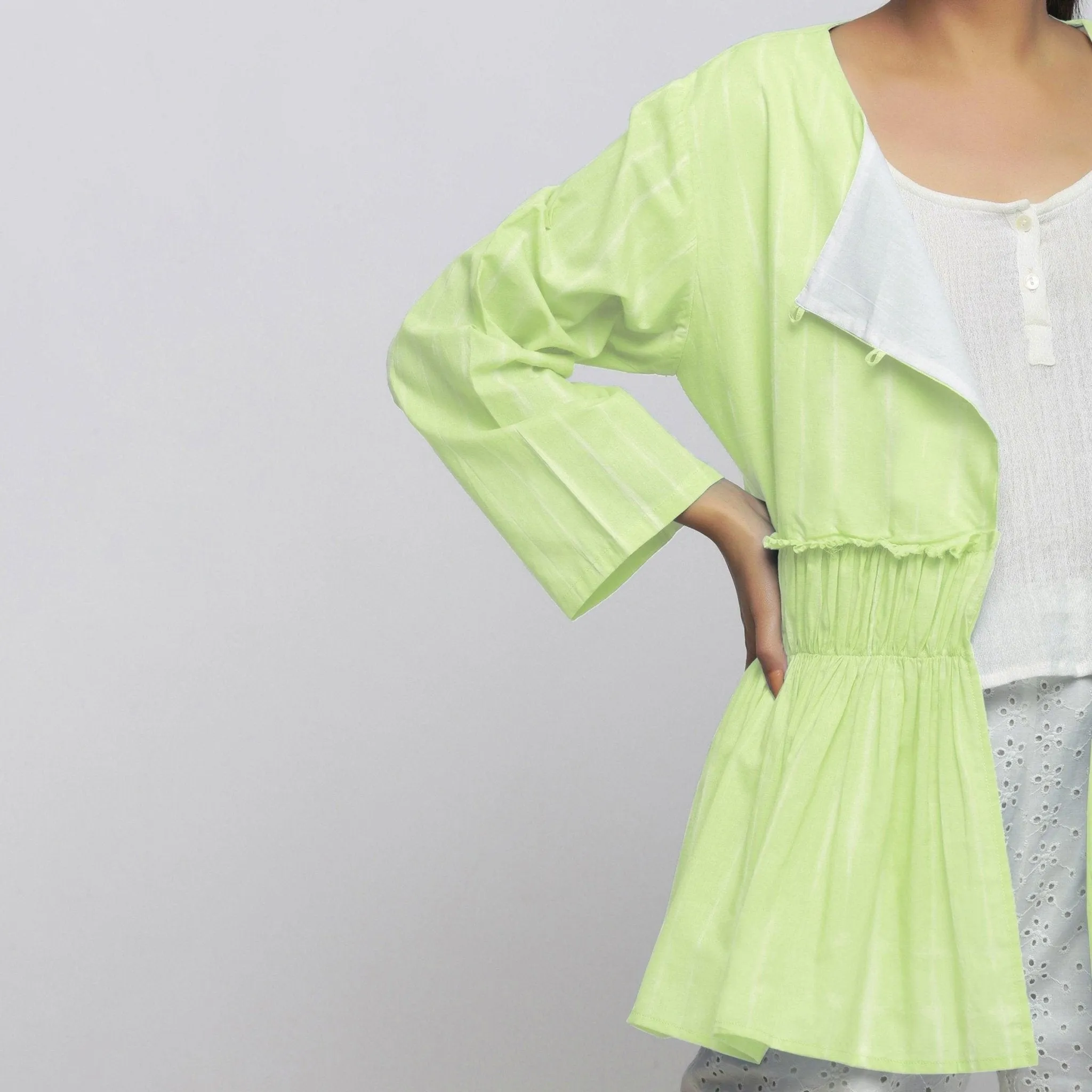 Mint Green Hand Tie-Dye Cotton Anti-Fit Asymmetrical Outerwear