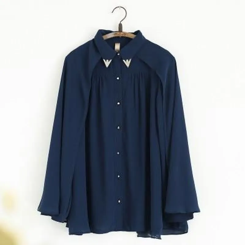 Navy Blue Beige Chiffon Cloak Blouse