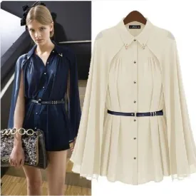 Navy Blue Beige Chiffon Cloak Blouse