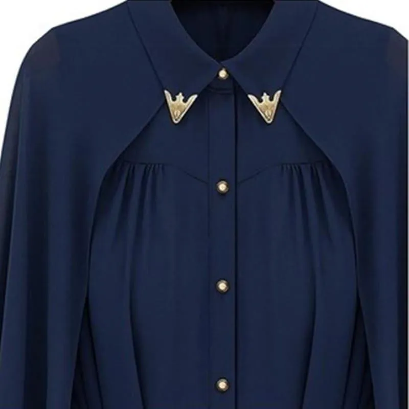 Navy Blue Beige Chiffon Cloak Blouse
