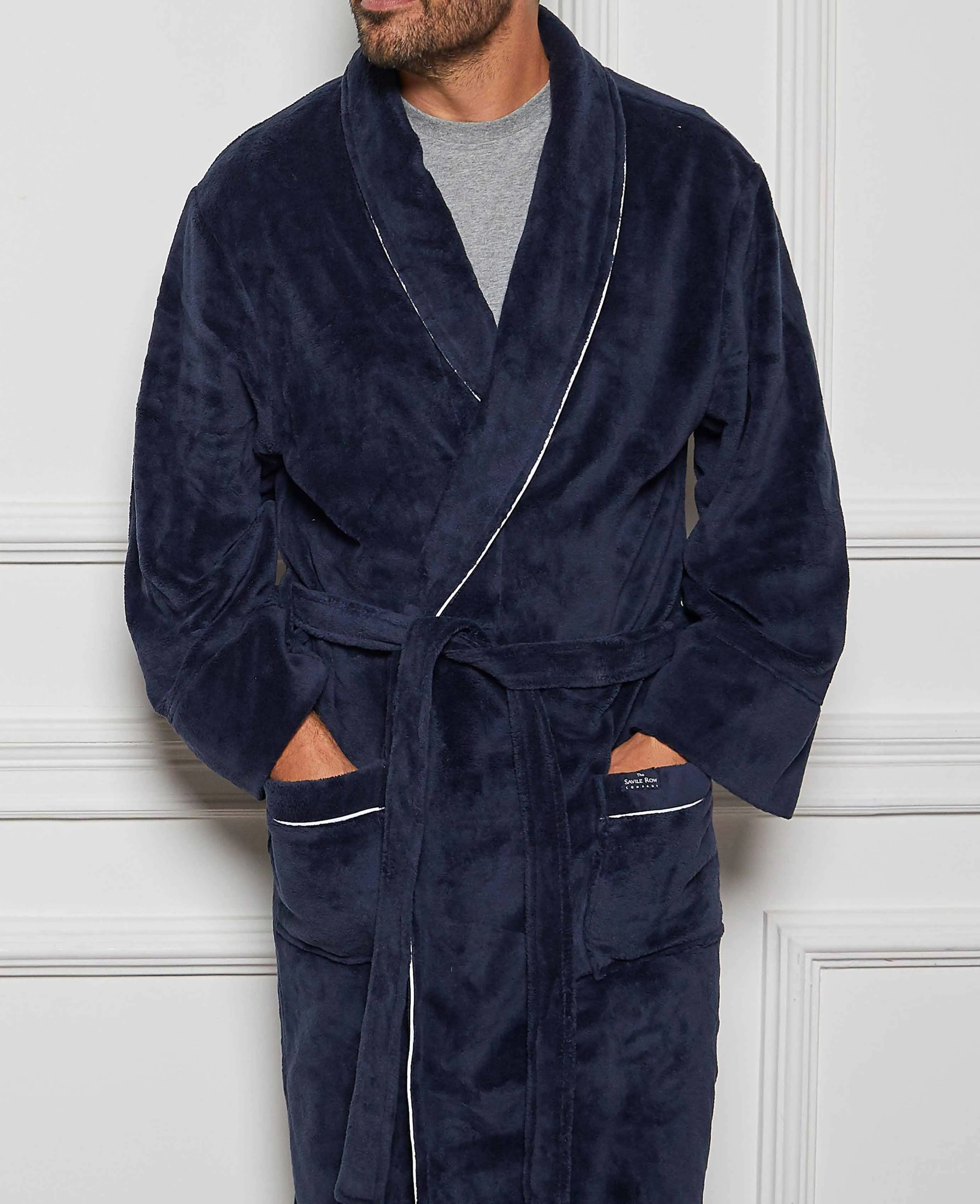 Navy Fleece Dressing Gown With Piping