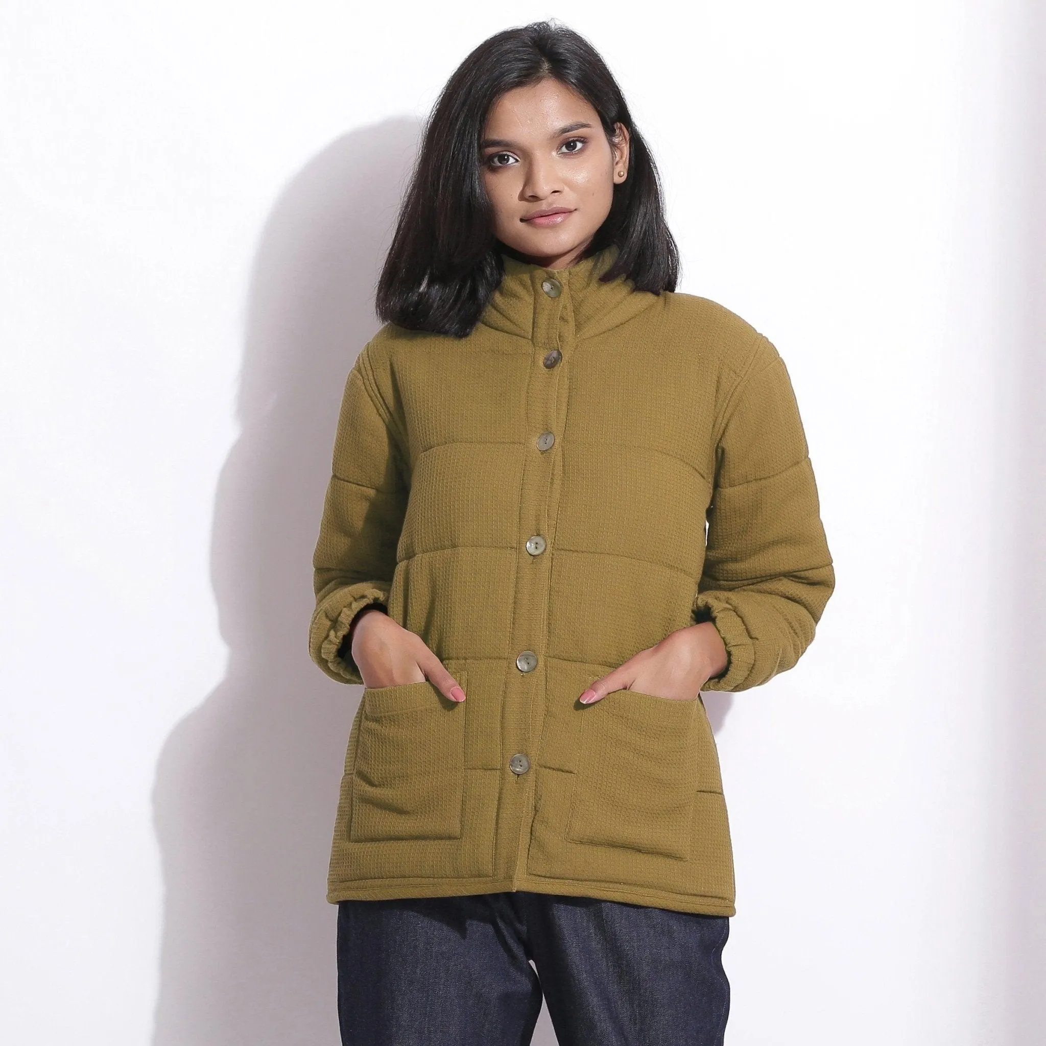 Olive Green Warm Cotton Waffle Quilted Puffer Jacket