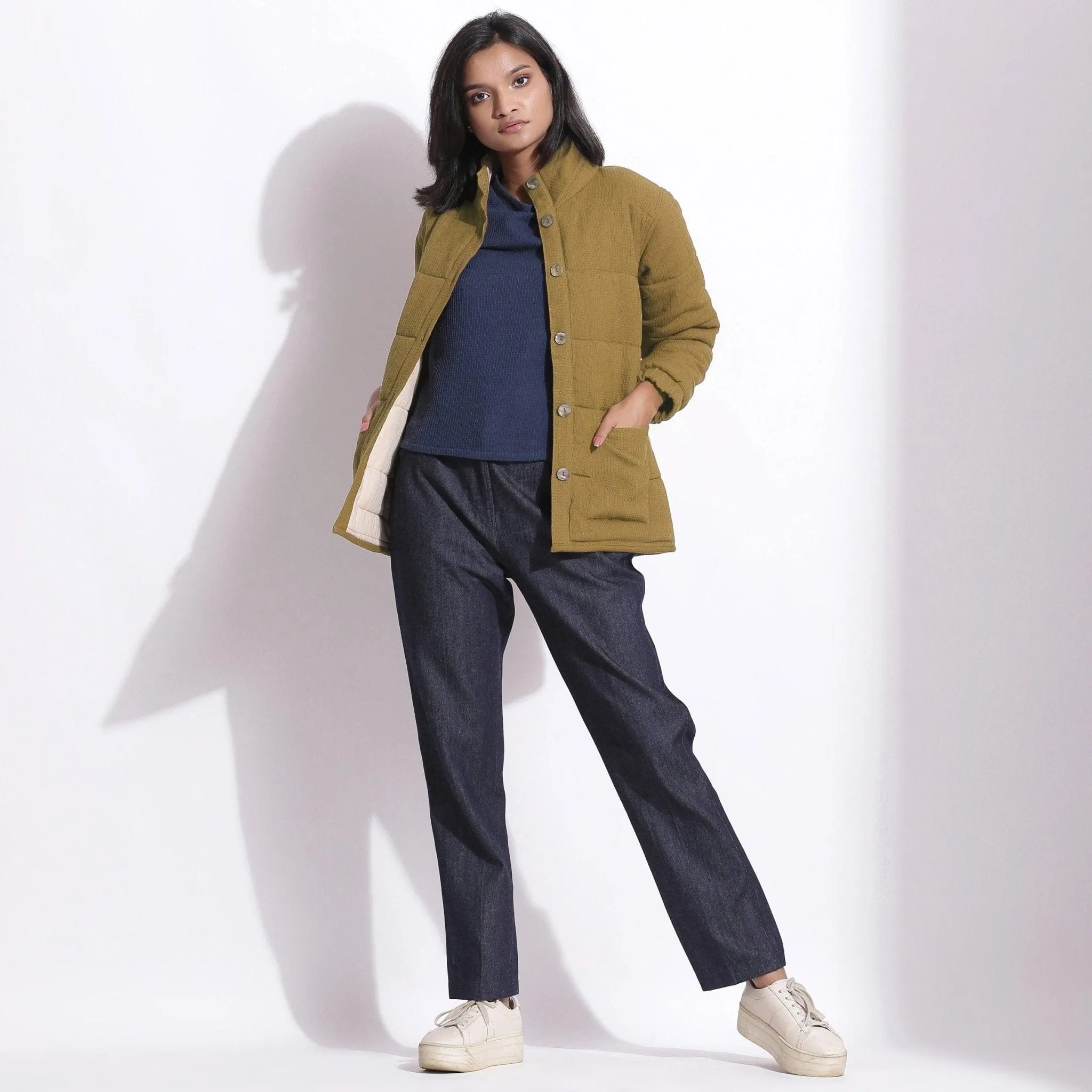 Olive Green Warm Cotton Waffle Quilted Puffer Jacket