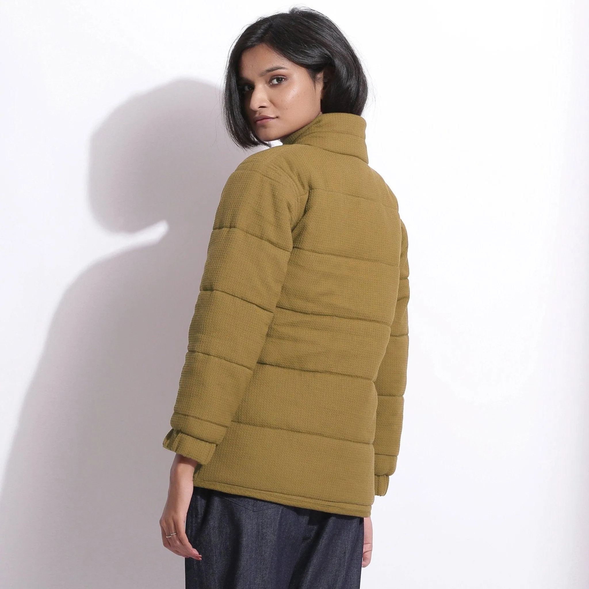 Olive Green Warm Cotton Waffle Quilted Puffer Jacket