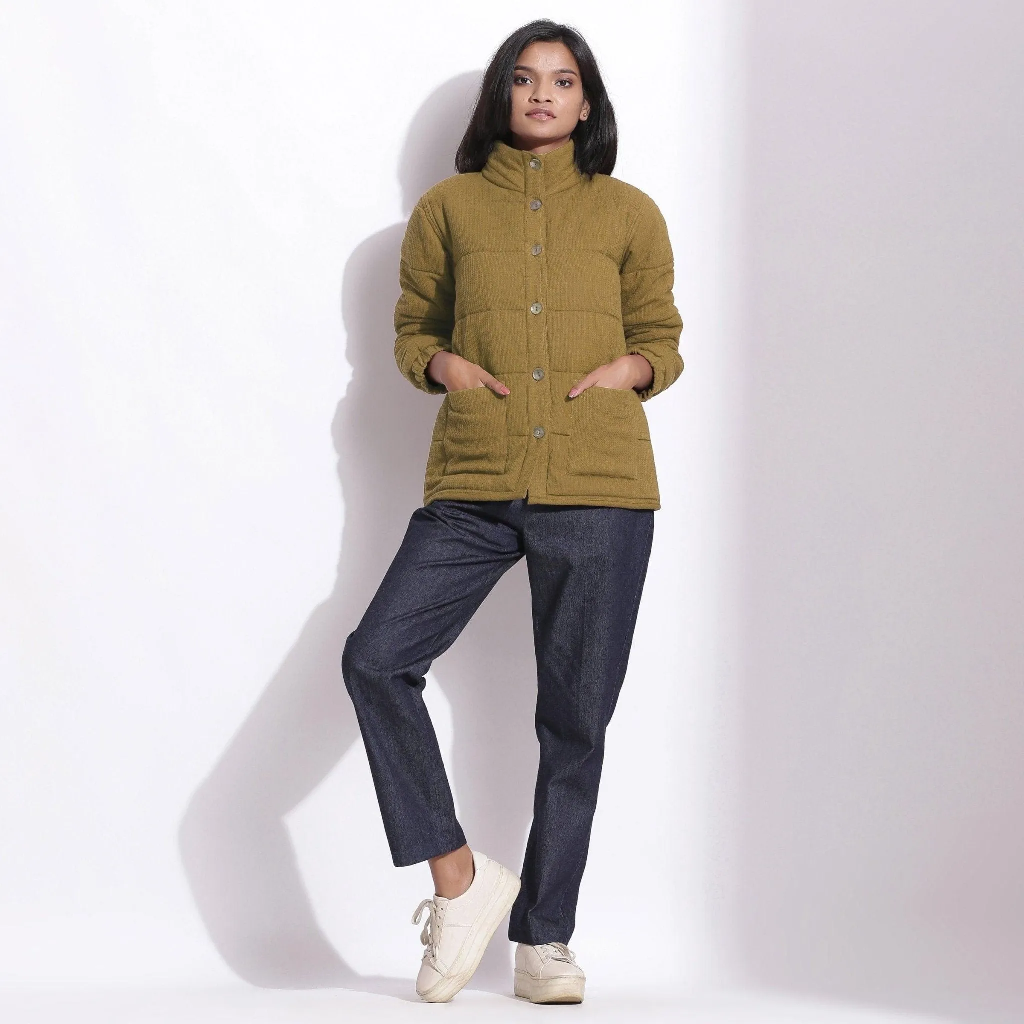 Olive Green Warm Cotton Waffle Quilted Puffer Jacket