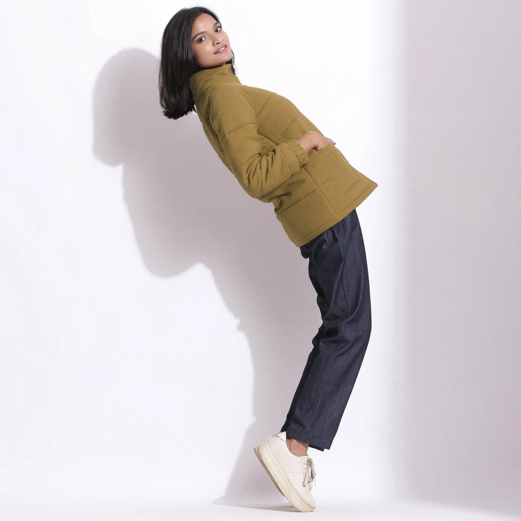 Olive Green Warm Cotton Waffle Quilted Puffer Jacket