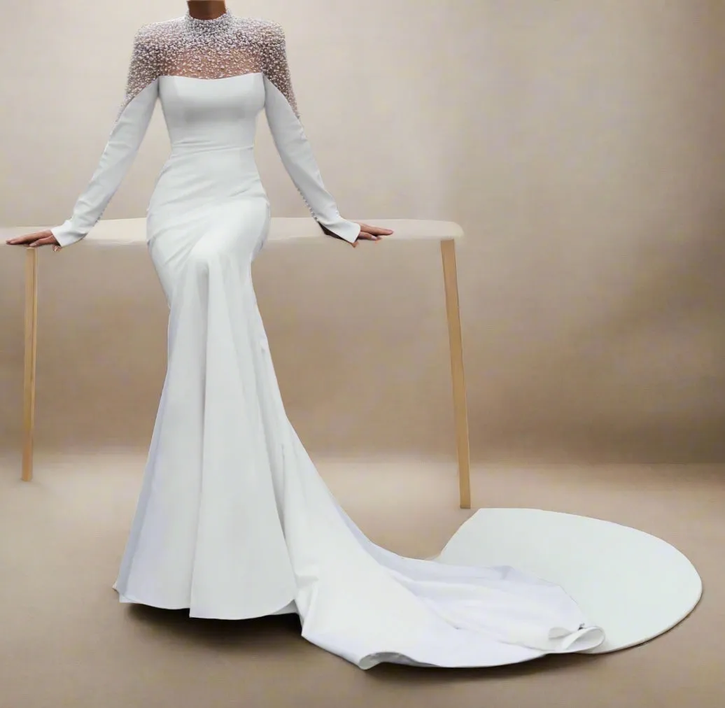 Pearled Satin Mermaid Wedding Gown