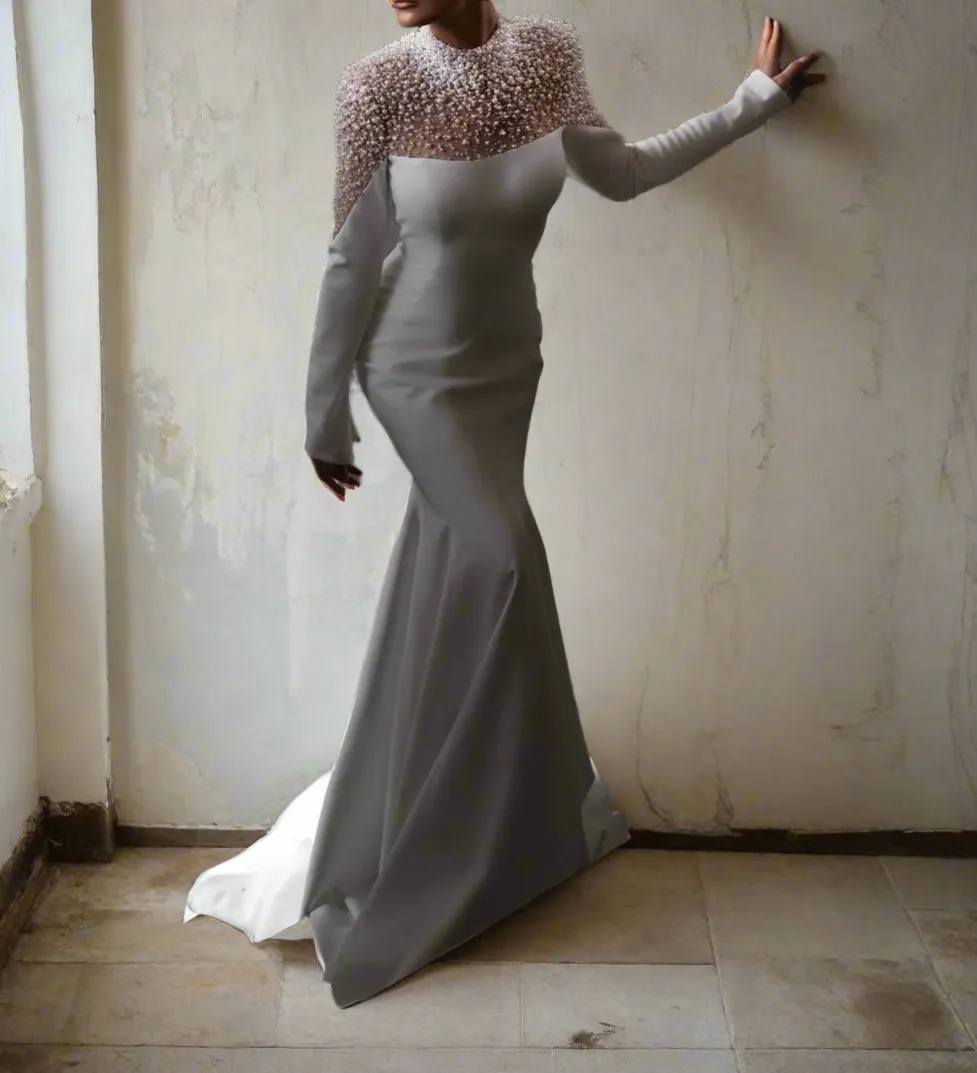Pearled Satin Mermaid Wedding Gown