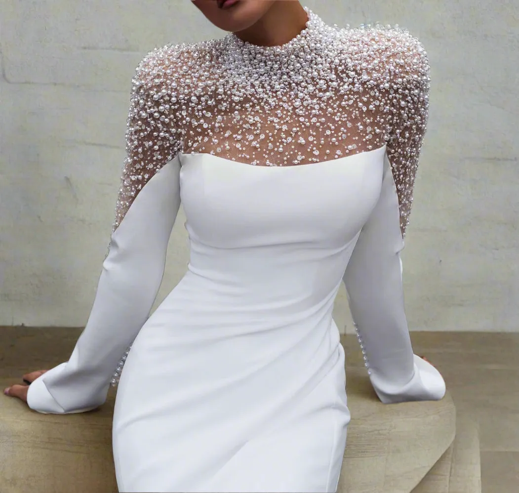 Pearled Satin Mermaid Wedding Gown