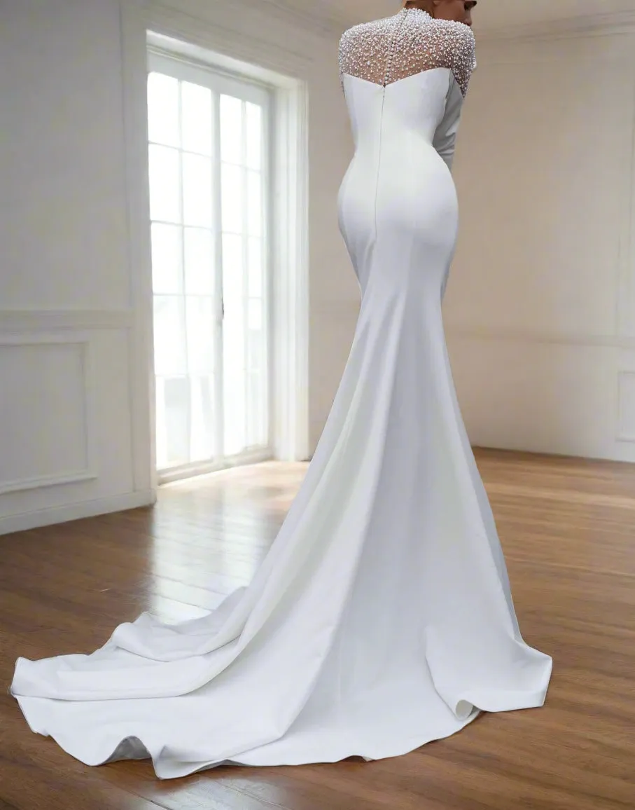 Pearled Satin Mermaid Wedding Gown
