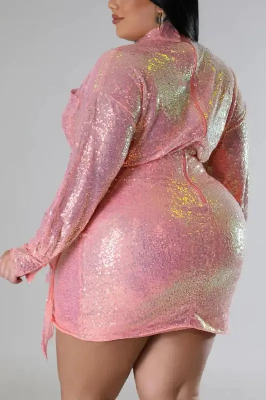 Plus Size Lovely Lady Collared Sequin Mini Dress