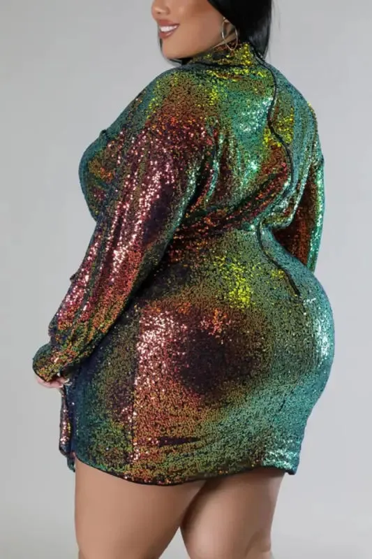 Plus Size Lovely Lady Collared Sequin Mini Dress