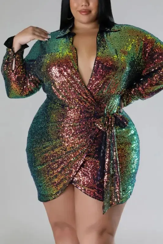 Plus Size Lovely Lady Collared Sequin Mini Dress