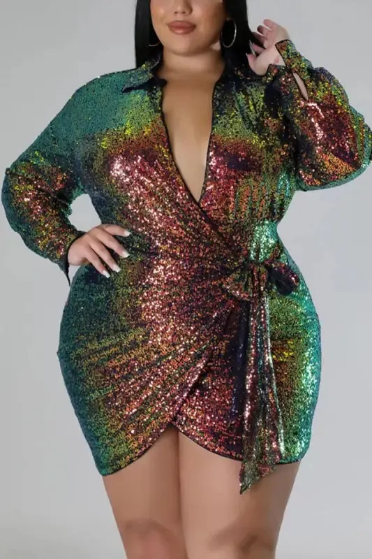 Plus Size Lovely Lady Collared Sequin Mini Dress