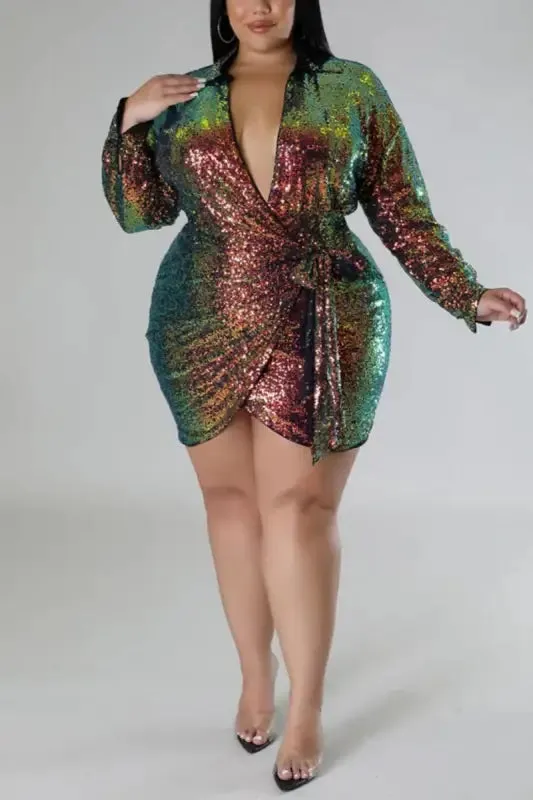 Plus Size Lovely Lady Collared Sequin Mini Dress