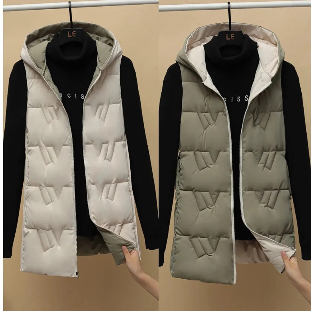 Purpdrank - Autumn Winter Two Sides Wear Long Vest Warm Hooded Waistcoat Women Coat Thicken Cotton Padded Female Sleeveless Jacket New