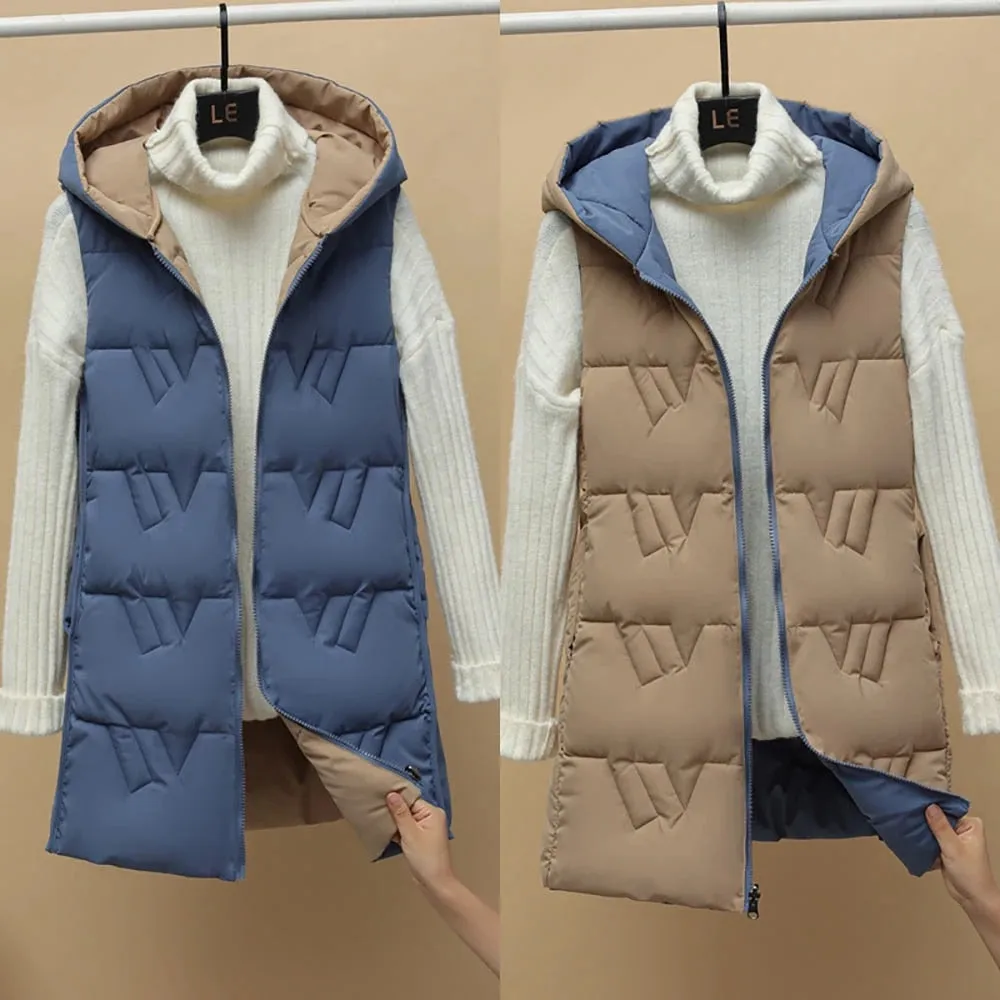 Purpdrank - Autumn Winter Two Sides Wear Long Vest Warm Hooded Waistcoat Women Coat Thicken Cotton Padded Female Sleeveless Jacket New