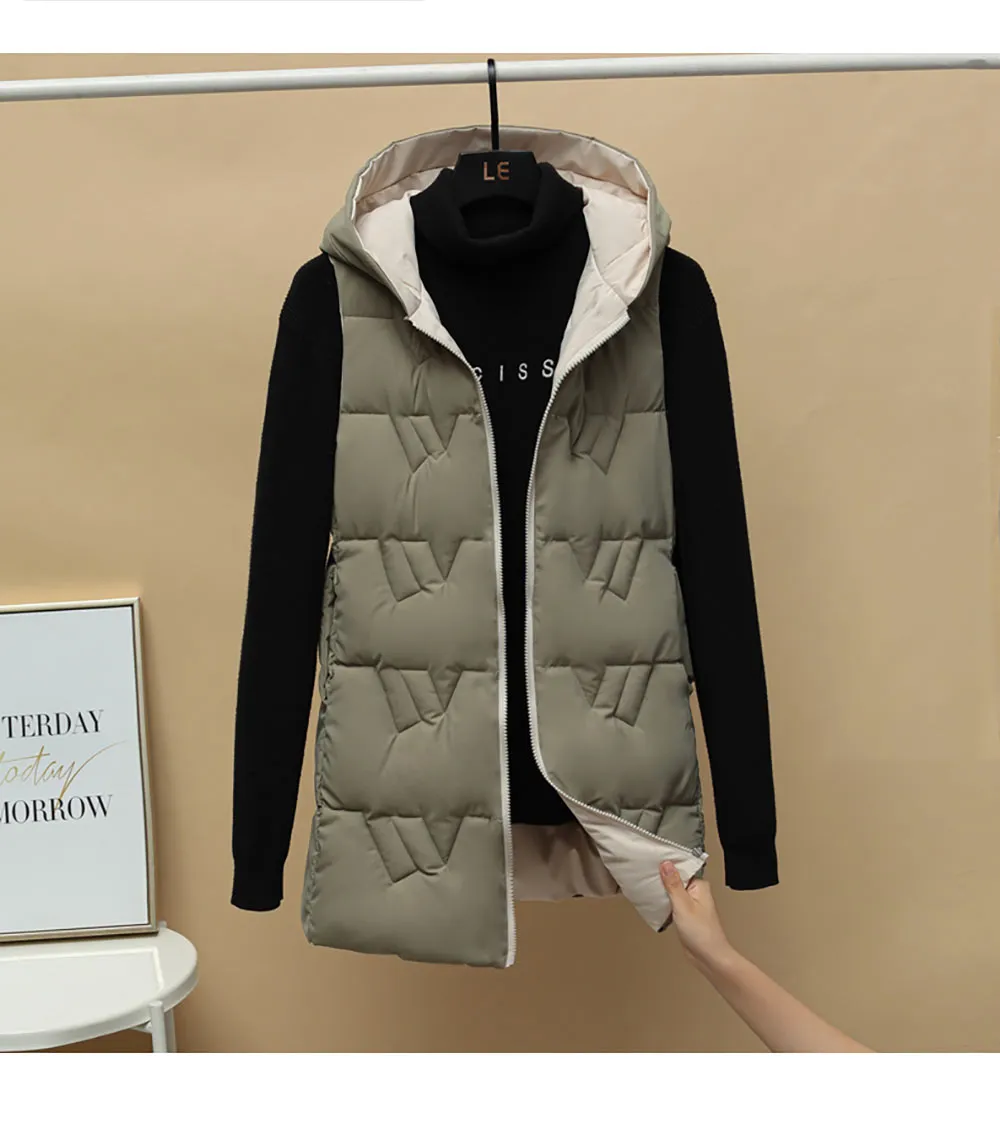 Purpdrank - Autumn Winter Two Sides Wear Long Vest Warm Hooded Waistcoat Women Coat Thicken Cotton Padded Female Sleeveless Jacket New