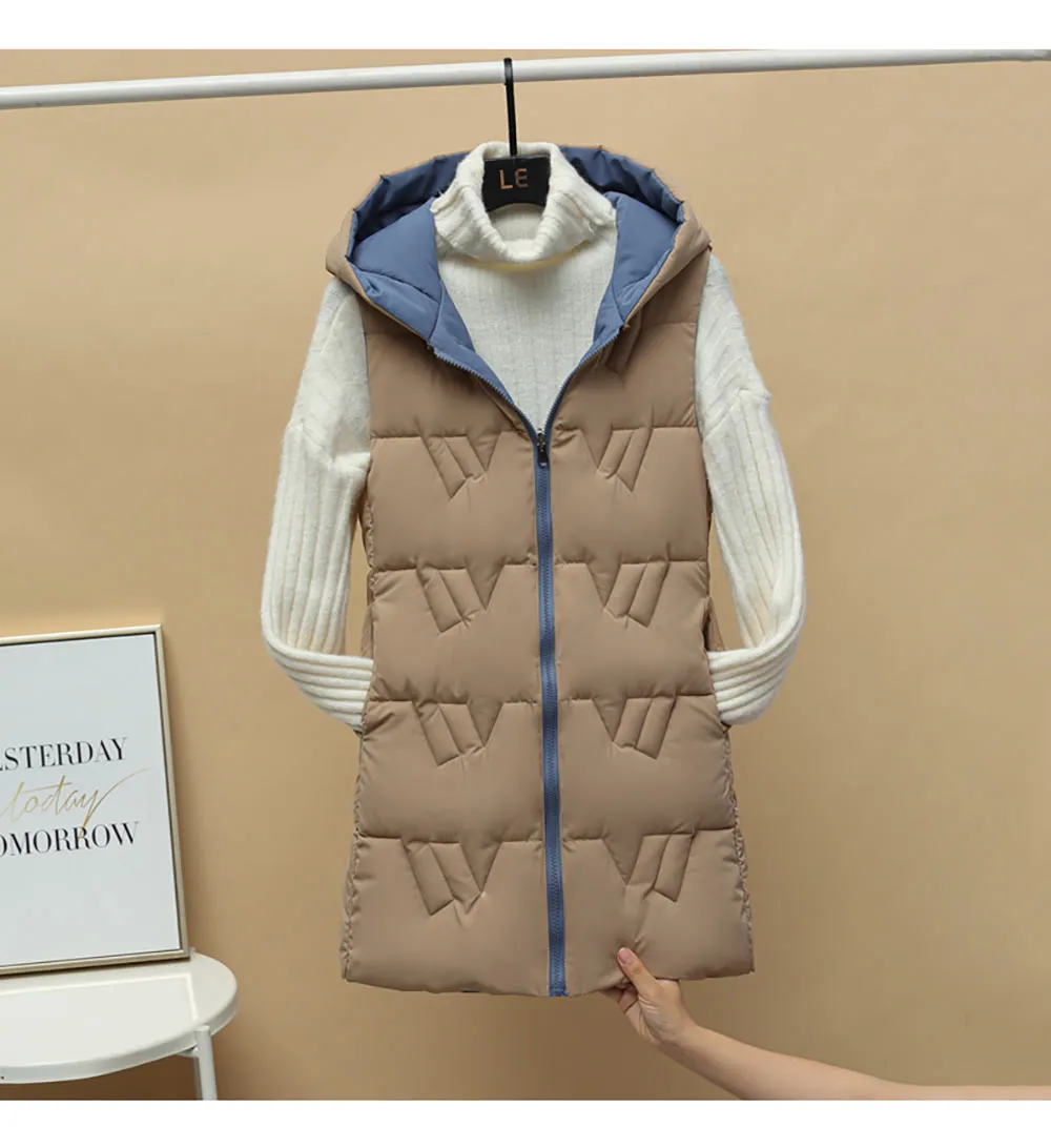 Purpdrank - Autumn Winter Two Sides Wear Long Vest Warm Hooded Waistcoat Women Coat Thicken Cotton Padded Female Sleeveless Jacket New