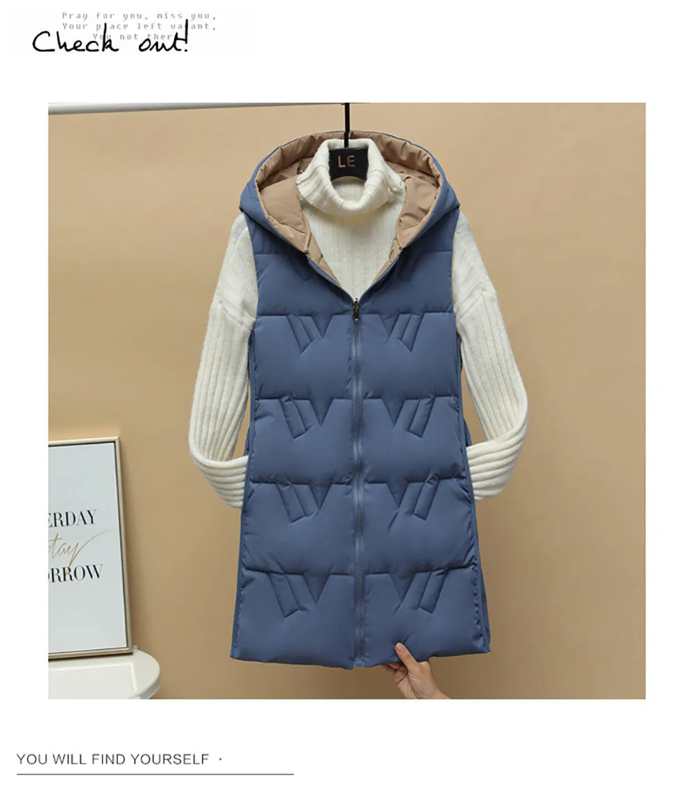 Purpdrank - Autumn Winter Two Sides Wear Long Vest Warm Hooded Waistcoat Women Coat Thicken Cotton Padded Female Sleeveless Jacket New