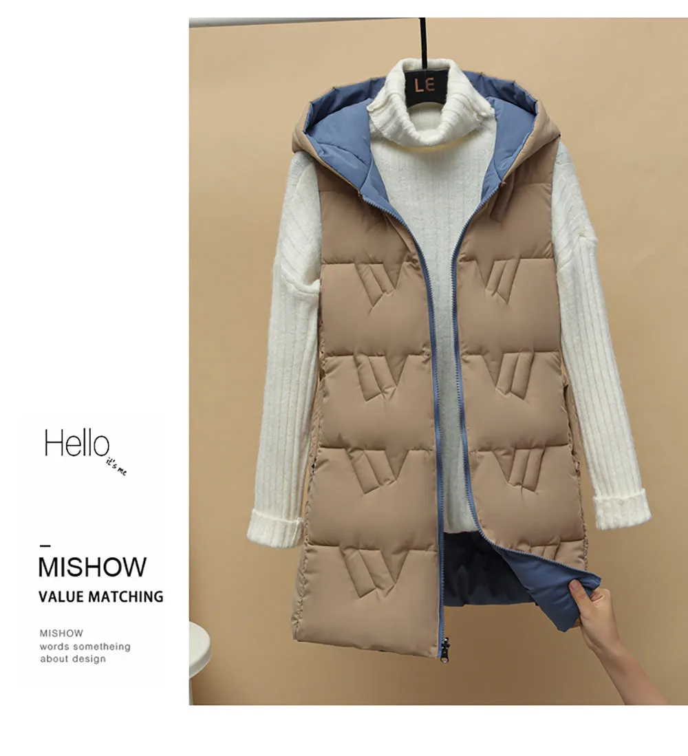 Purpdrank - Autumn Winter Two Sides Wear Long Vest Warm Hooded Waistcoat Women Coat Thicken Cotton Padded Female Sleeveless Jacket New