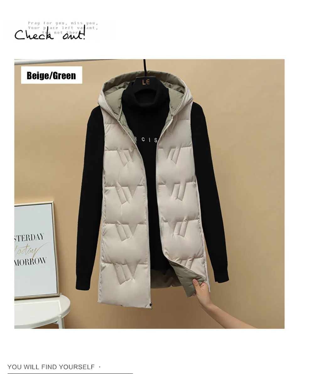 Purpdrank - Autumn Winter Two Sides Wear Long Vest Warm Hooded Waistcoat Women Coat Thicken Cotton Padded Female Sleeveless Jacket New