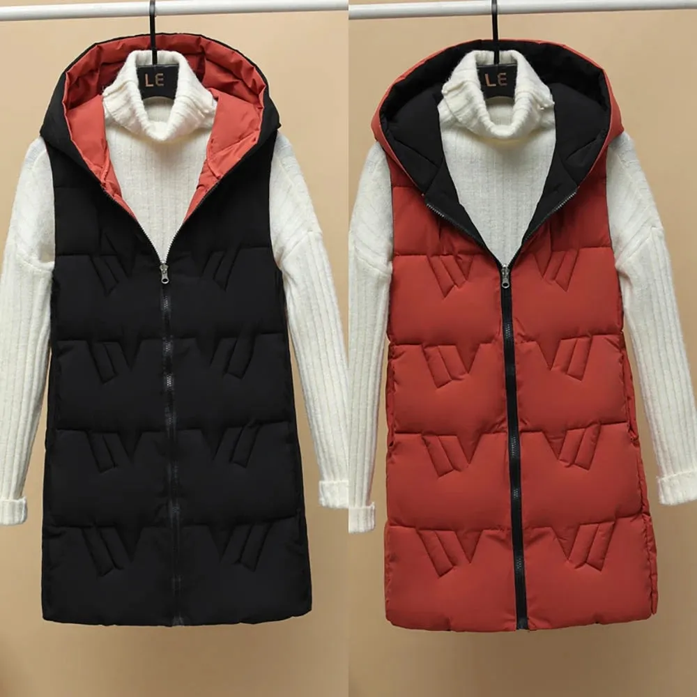Purpdrank - Autumn Winter Two Sides Wear Long Vest Warm Hooded Waistcoat Women Coat Thicken Cotton Padded Female Sleeveless Jacket New