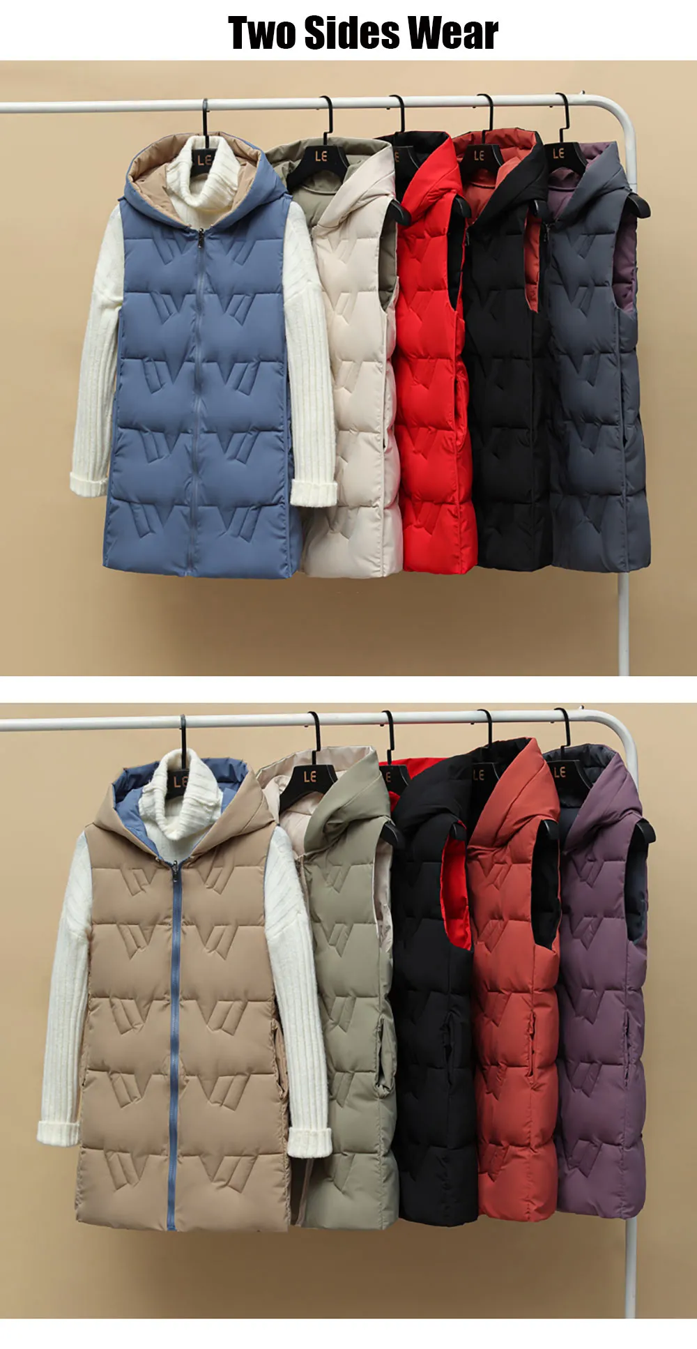 Purpdrank - Autumn Winter Two Sides Wear Long Vest Warm Hooded Waistcoat Women Coat Thicken Cotton Padded Female Sleeveless Jacket New