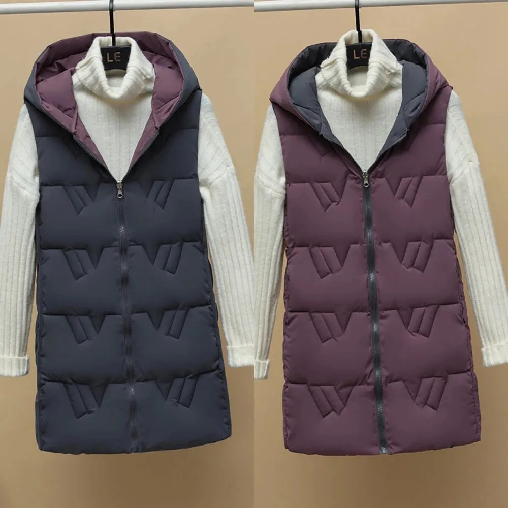 Purpdrank - Autumn Winter Two Sides Wear Long Vest Warm Hooded Waistcoat Women Coat Thicken Cotton Padded Female Sleeveless Jacket New