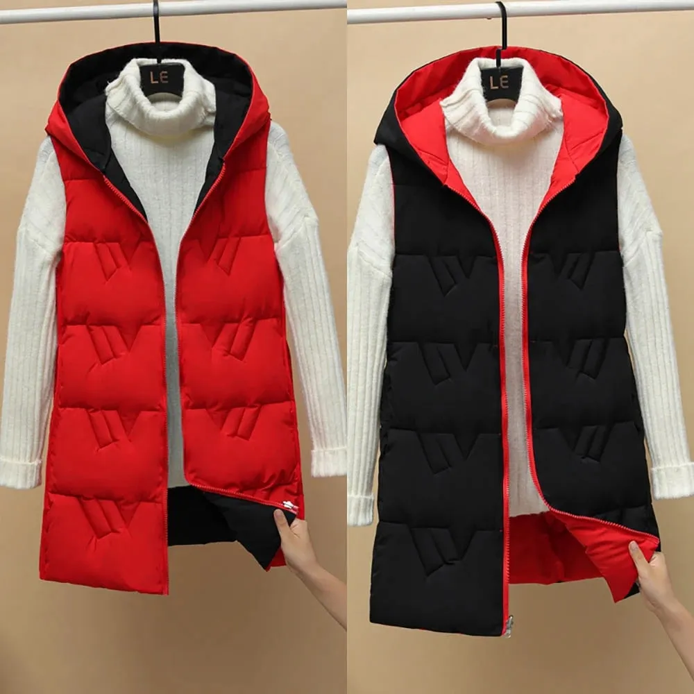 Purpdrank - Autumn Winter Two Sides Wear Long Vest Warm Hooded Waistcoat Women Coat Thicken Cotton Padded Female Sleeveless Jacket New