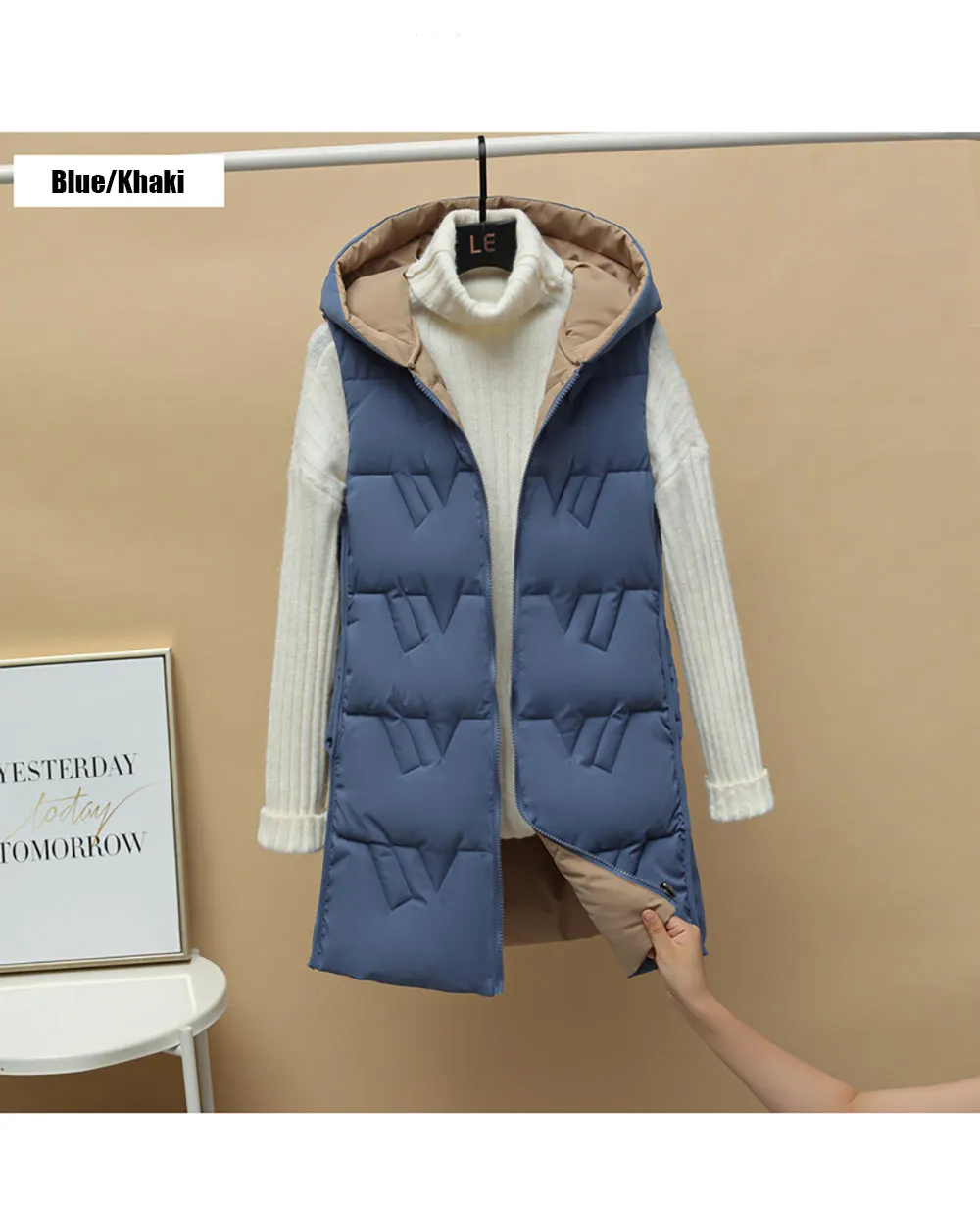 Purpdrank - Autumn Winter Two Sides Wear Long Vest Warm Hooded Waistcoat Women Coat Thicken Cotton Padded Female Sleeveless Jacket New